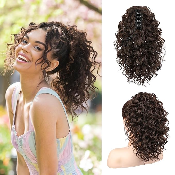 SEIKEA Ponytail Extension, 14" Claw Clip Ponytail Extension Wavy Curly Jaw Clip in Ponytail Hair Extensions Fluffy Natural Soft Fake Pony Tails Synthetic Hairpiece Dark Chocolate Brown