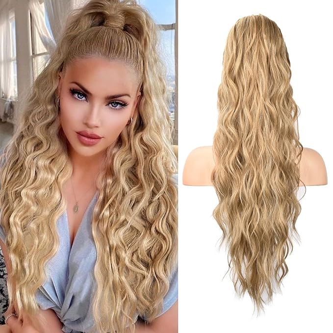 HOOJIH Ponytail Extension, Drawstring Ponytail Hair Extensions 26 Inch Long Curly Wavy Ponytail Natural Wavy Synthetic Hairpiece for Women Daily Use - Golden Blonde