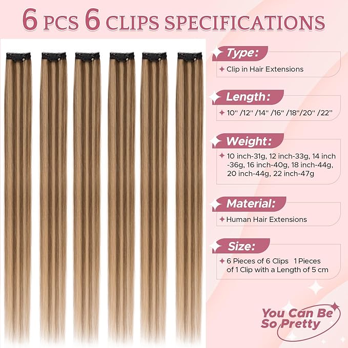 Clip in Hair Extensions Real Human Hair for Women, 22 Inch 47g 6pcs, Medium Brown Mix Dark Blonde, Straight - Highlight, Add Volume and Length for Daily Wear, Parties, Weddings
