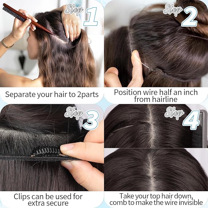 KooKaStyle Invisible Wire Hair Extensions 20"Long Wavy Layered Synthetic Clip in with Adjustable Size 6 Secure Clips Ombre Black to Ash Blonde Natural Soft Thick Hairpieces for Women 20 Inch
