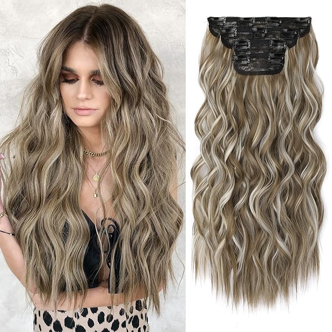 REECHO Hair Extensions, 4PCS Clip in Hair Extensions HE001 Natural Soft Synthetic Hairpieces for Women, Light Brown with Highlights