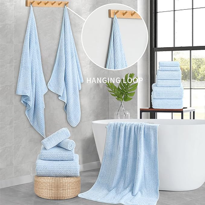 Ultra Soft Bath Towel Set,12 Piece (4 Bath Towels,4 Hand Towels,4 Washcloths) Family Bathroom Towels Set with Hanging Loop,Quick Dry Extra Absorbent Shower Towel for Bathroom,Hotel,Spa-Light Blue