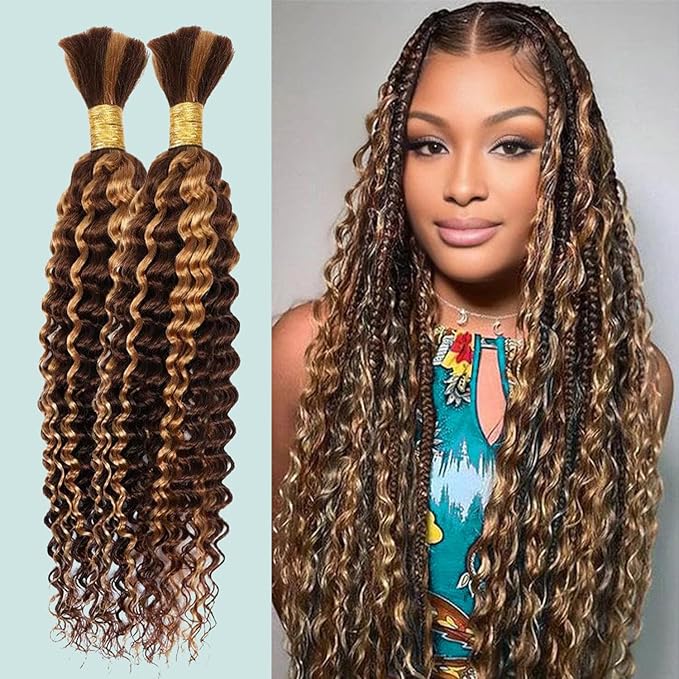 20 Inch Human Braiding Hair 100g Deep Wave Bulk Human Hair for Braiding Brazilian Virgin Human Hair Bundles Wet and Wavy Bundles No Weft Curly Human Hair Extensions for Boho Braids P4/27
