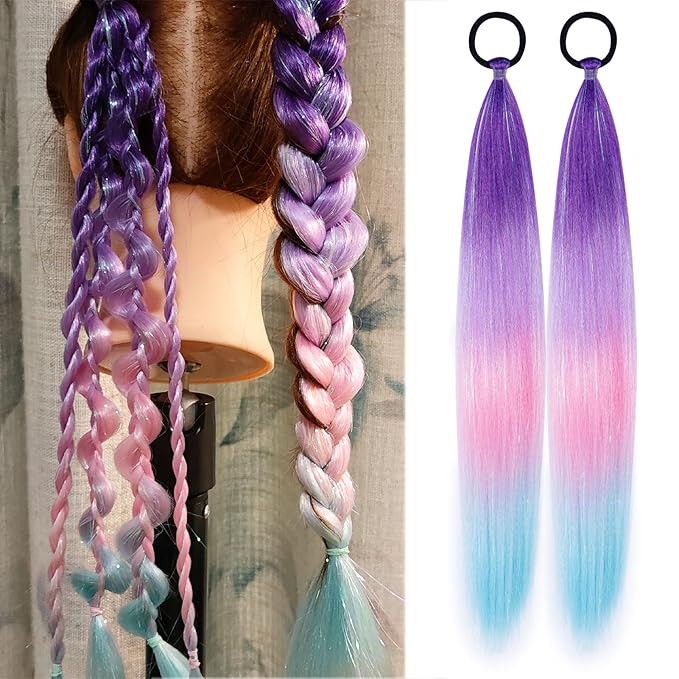Colored Hair Extensions for Braids Ombre Ponytail Extension Colorful 2 Packs, 20 inch Crazy Hair Day Accessories for Women, DIY Festival Wacky Rave Braids,Tinsel Mixed
