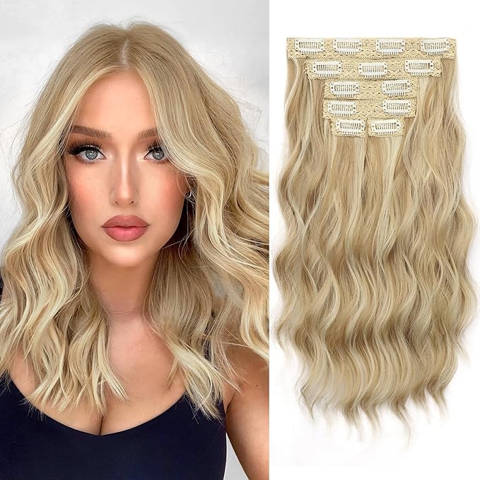 KooKaStyle Short Hair Extensions 6PCS 14 Inch Wavy Curly Hairpieces Synthetic Soft Lace Weft Clip in Hair Extensions-Light Brown mix Highlight Blonde for Women