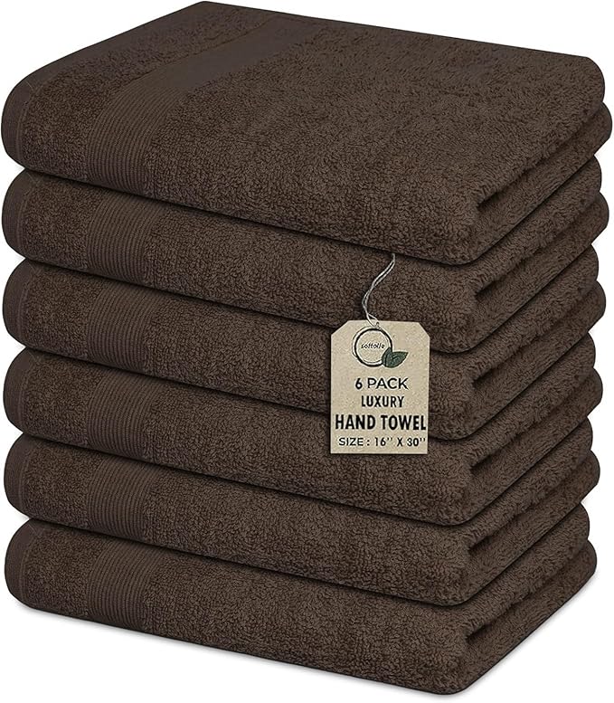 Premium Hand Towels Pack of 6 (16" x 30”) 100% Combed Ring Spun Cotton | Highly Absorbent Hand Towels Set | Ultra Soft for Home, Gym & Spa (Dark Brown)