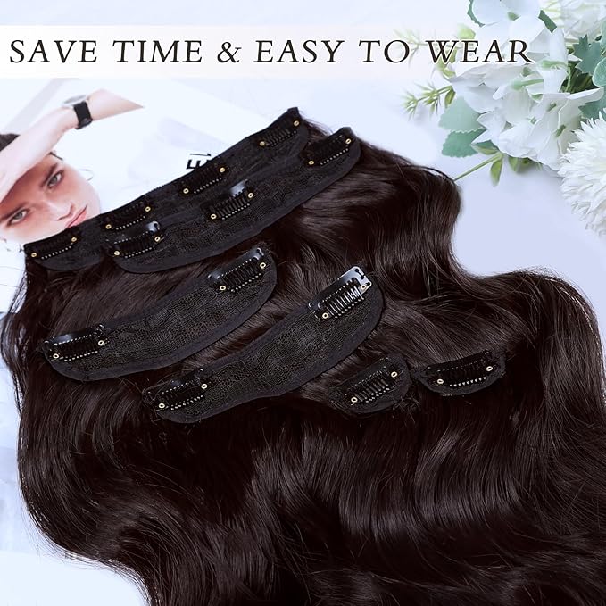 NAYOO Clip in Hair Extensions for Women 14 Inch Short Wavy Curly Dark Brown Hairpieces Full Head Synthetic Hair Hairpieces(6PCS,Dark Brown)