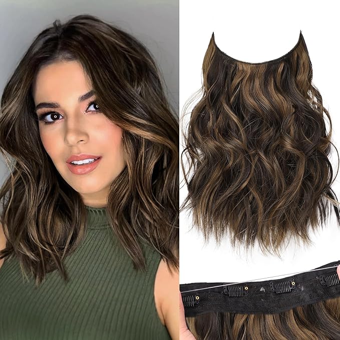 KooKaStyle Invisible Wire Hair Extensions with Transparent Headband Adjustable Size 4 Secure Clips Long Wavy Highlight Hairpiece 12 Inch H2/426#Balayage Dark Brown to Chestnut for Women