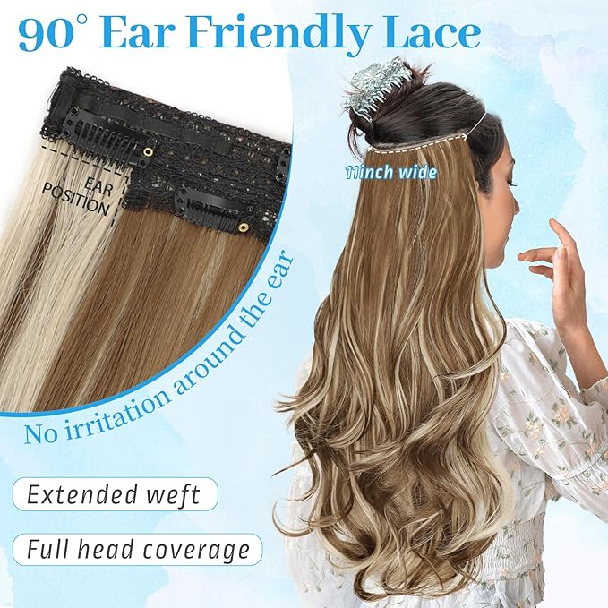 KooKaStyle Invisible Wire Hair Extensions with Transparent Wire Adjustable Size 6 Secure Clips Long Wavy Layered Synthetic Hair Extensions P12A/24#Ash Medium Brown Mix Bleach Blonde 20 Inch