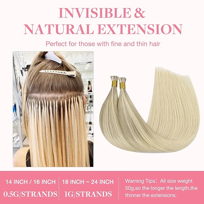 GOO GOO I Tip Hair Extensions, Real Human Hair, 16inch 50g 100S, Cold Fusion I Tip, Invisible Remy, 17/22/60 Balayage Ash Blonde to Golden Blonde and Platinum Blonde