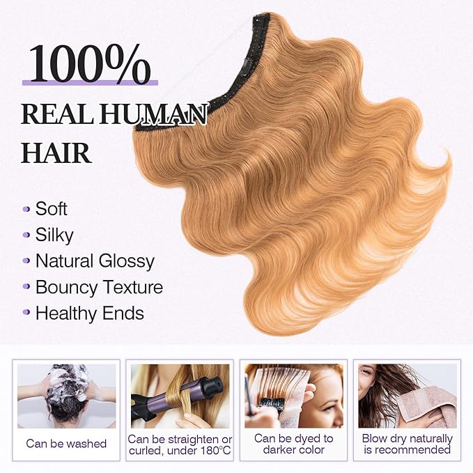 Halo Hair Extensions Real Human Hair,Halo Hair Extension 100% Human Hair,Wire Hair Extensions,Wavy 27 Dark Blonde 65g/16inch