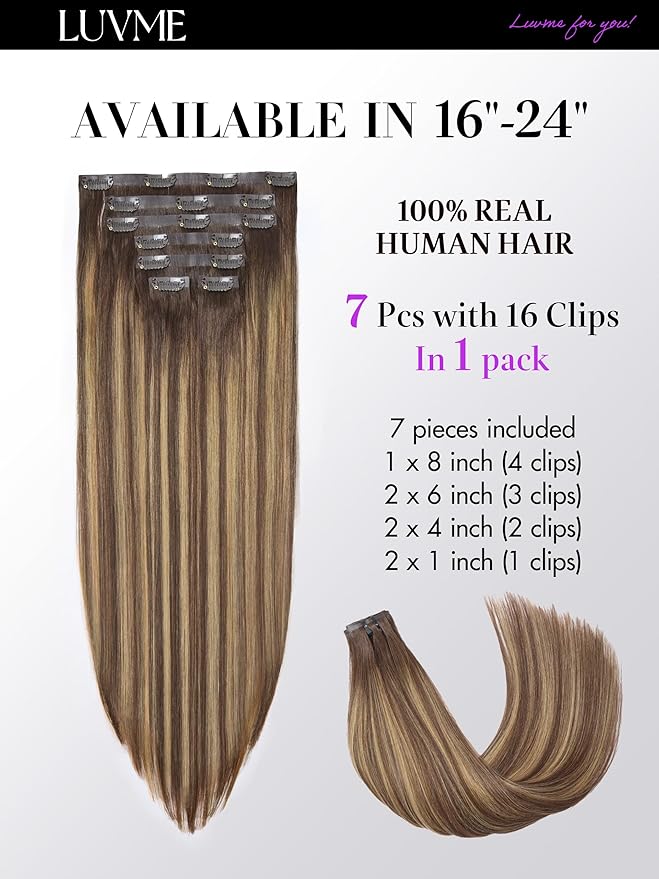 LUVME Straight Seamless 110g 7Pcs Clip in Hair Extensions Full Max with 14 inch Remy Human Hair Extensions, Highlight Color 100% Real Soft Human Hair