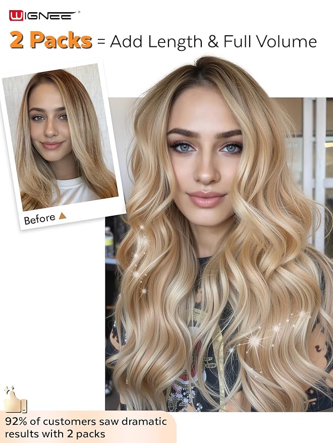 WIGNEE OVO Double Butterfly Strawberry Highlight Blonde Weft Human Hair Extensions 20 Inch Real Remy Hair,100g Glueless Micro Bead Double Weft,Seamless Soft Silky Hair Extensions (18/60A)