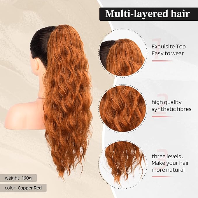 Flufymooz Ponytail Extension, 22 Inch Drawstring Ponytail Hair Extensions for Women， Long Curly Wavy Pony Tail Natural Wavy Synthetic Hairpiece for Women Daily Use party (22 Inch Copper Red)