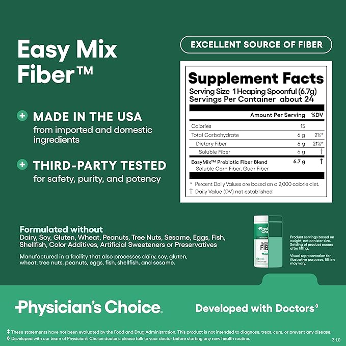 Physician's CHOICE Easy Mix Fiber for Digestive Health & Regularity - No Grit, Sugar Free, & Tasteless - Daily Prebiotic Soluble Fiber Powder Supplement for Women and Men - Unflavored - 5.7oz