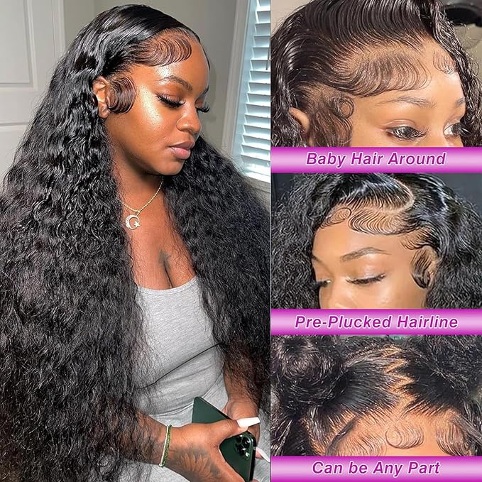 13x6 Deep Wave Lace Front Wigs Human Hair 24 Inch 180% Density Deep Curly Hd Lace Frontal Wig 13x6 Glueless Hd Lace Front Wigs Human Hair Pre Plucked Natural Black