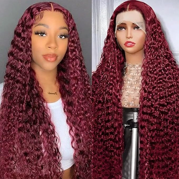 Burgundy Wig Human Hair 99j Burgundy 13x6 Deep Wave Lace Front Wigs Human Hair Pre Plucked 180% Density HD Transparent Lace Frontal Wigs for Black Women Red Colored Wig 28 Inch