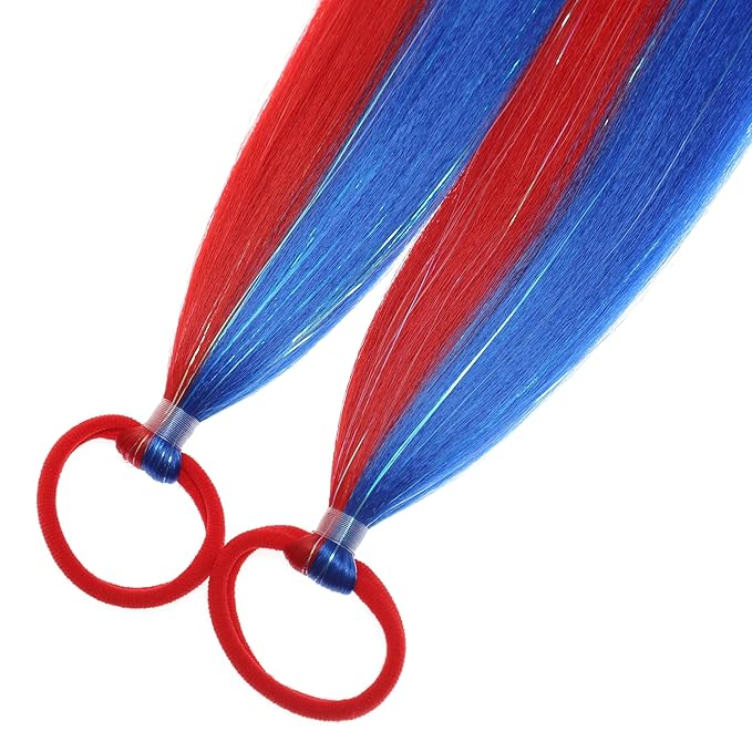 Red and Blue Hair Extensions for Braids Ponytail Extension 2 Packs, 20 inch Crazy Hair Day Accessories for Women, DIY Festival Wacky Rave Braids for Women,Tinsel Mixed