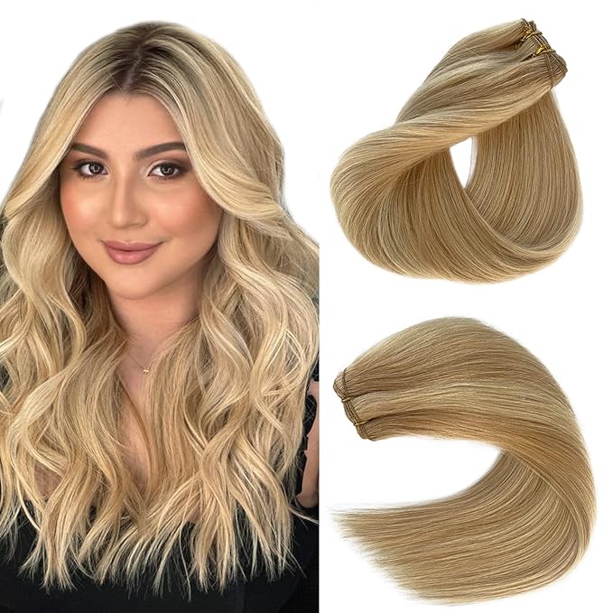 Weft Hair Extensions Human Hair Sew in Blonde Highlight Bundles Straight Light Strawberry Blonde and Bleach Blonde Highlights Sew in Hair Extensions Real Human Hair for Women 22 Inch 120G