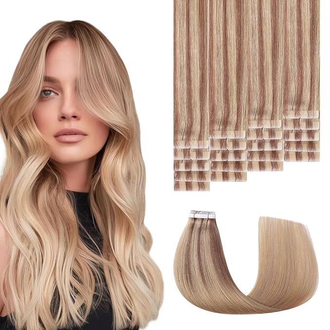 Invisible Tape in Hair Extensions Real Human Hair 3rd-Generation #10/27/27 Ash Brown to Caramel Blonde 20pcs 30g 14inch Injected Hand-Tied Invisi Edge Tape ins Extensions（#10/27/27a-14inch）