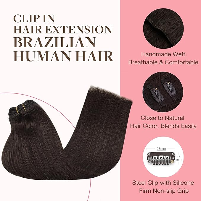 GOO GOO Clip in Hair Extensions Real Human Hair, Remy Human Hair Extensions Clip ins for Women, Natural Human Hair, 18inch 120g 7Pcs, 2A Light Brown