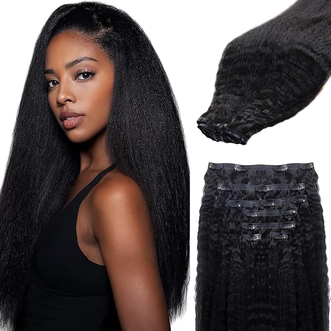 IDN BEAUTY Seamless Clip In Hair Extensions Human Hair, Kinky Straight 24 Inch 110g 7pcs Natural Black Remy Virgin Human Hair Seamless Clip Ins For Black Women PU Weft Invisible Edge