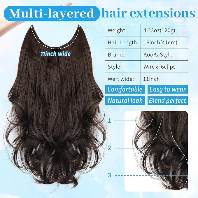 KooKaStyle Invisible Wire Hair Extensions Long Wavy Layered Synthetic Hair Extensions with Transparent Wire Adjustable Size 6 Secure Clips Dark Brown/6# Hairpieces for Women 16 Inch