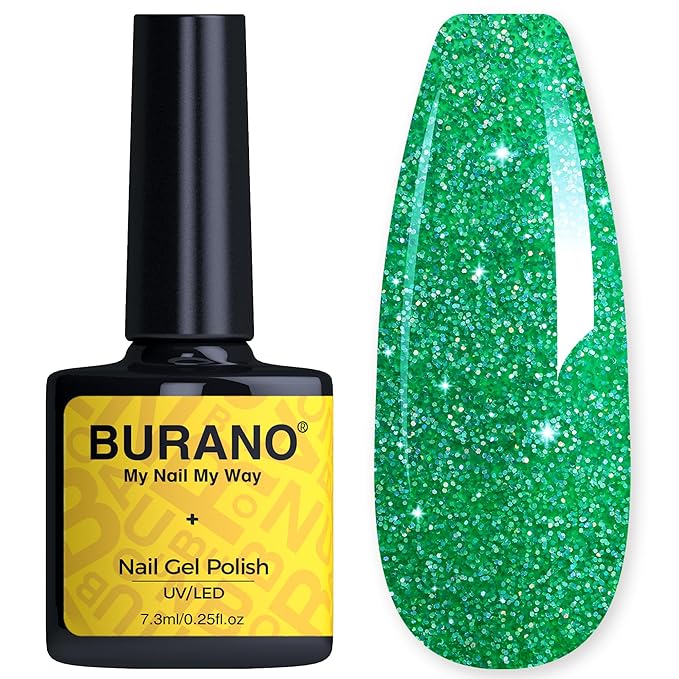 BURANO Glitter Gel Nail Polish with LED UV Curing; No Chip Shimmer Holographic Effect; Sparkle Gel for Green LP66