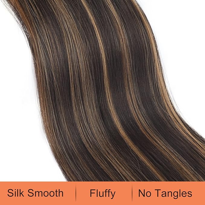 SEIKEA 28" Ponytail Extensions Drawstring Long Straight Fake Pony Tail Natural Soft Clip in Hair Extension Synthetic Heat Resistant Hairpiece - Chestnut Brown with Blonde Hightlights
