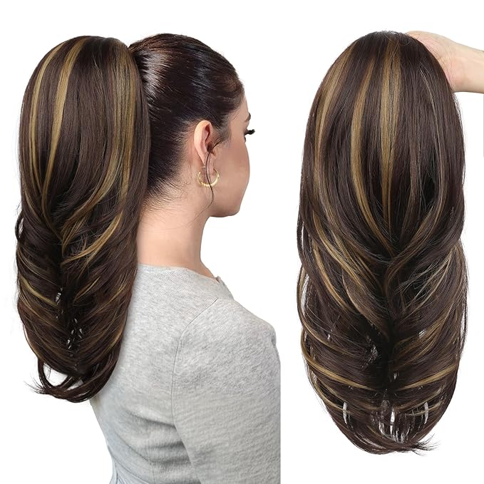 SEIKEA Versatile Drawstring Ponytail Extension, 18" Long Wavy Multi Layered Clip in Ponytail Hair Extensions Stand Up High Fake Pony Tail Soft Natural Synthetic Hairpiece Chocolate Brown/Blonde
