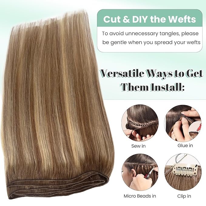 Weft Hair Extensions Human Hair Balayage Ash Brown to Blonde Hair Extensions Real Human Hair Bundles Sew in 12 Inch 80G Straight Ash Brown with Blonde Highlight Ombre Hair Weft Sew in Weave Bundles