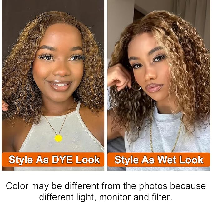 16 Inch 13x4 Honey Blonde Wig Human Hair #4/27 Highlight Ombre Lace Front Wig Human Hair Kinky Curly Bob Colored Wigs for Black Women 180% Density