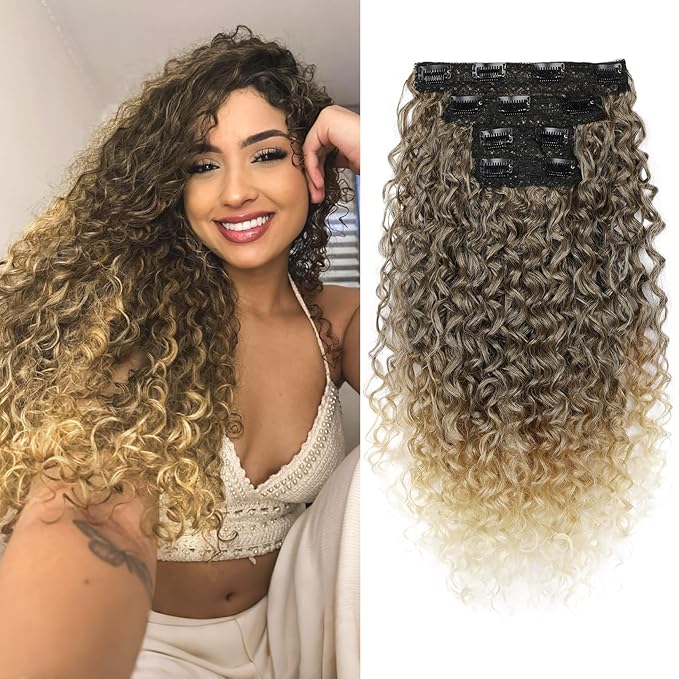Clip in Hair Extensions, FLUFYMOOZ 4PC 100％ Pure Protein Silk Hair Extensions Long Soft Natural Hairpiece 20 Inch Curly Hair Extension for Women Medium Brown to Ombre Honey Blonde