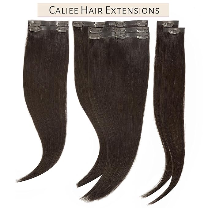 Caliee Clip in Human Hair Extensions - 16 Inch 110G 7Pcs Fluffy & Not Tangled Seamless Remy Hair - Color 2A Light Dark Brown PU Skin Weft Natural