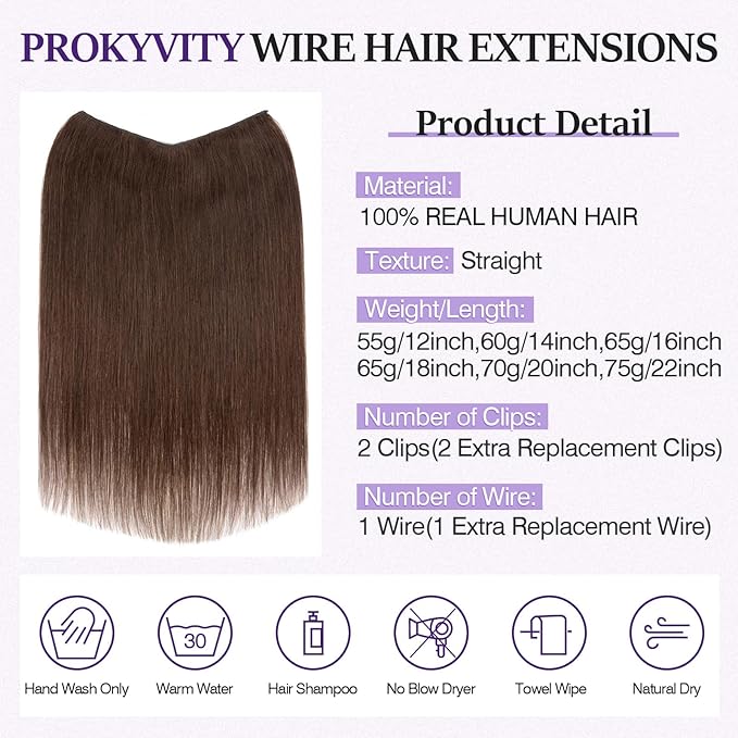 Halo Hair Extensions Real Human Hair,Halo Hair Extension 100% Human Hair, Wire Hair Extensions,Straight 02 Dark Brown 12inch/55g