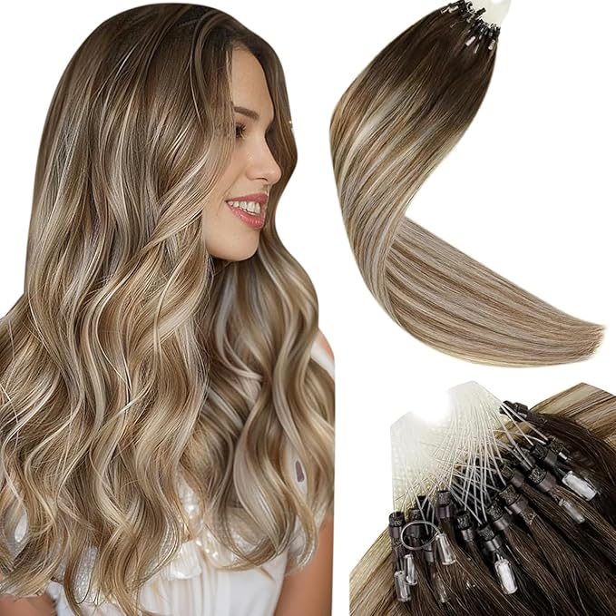 LaaVoo Microlink Hair Extensions Human Hair Ombre Balayage Micro Beads Extensions Dark Brown Mix Ash Brown Micro Ring Hair Extension Human Hair 20 Inch 50g/50s