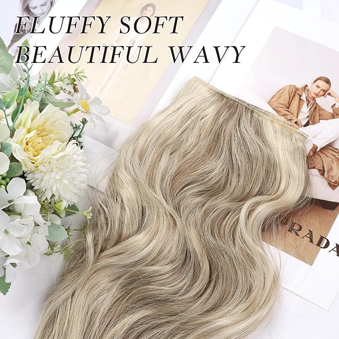 NAYOO Clip in Hair Extensions for Women 14 Inch Short Wavy Curly Ash Brown Mix Platinum Blonde Hairpieces Full Head Synthetic Hair Hairpieces (6PCS, Ash Brown Mix Platinum Blonde)