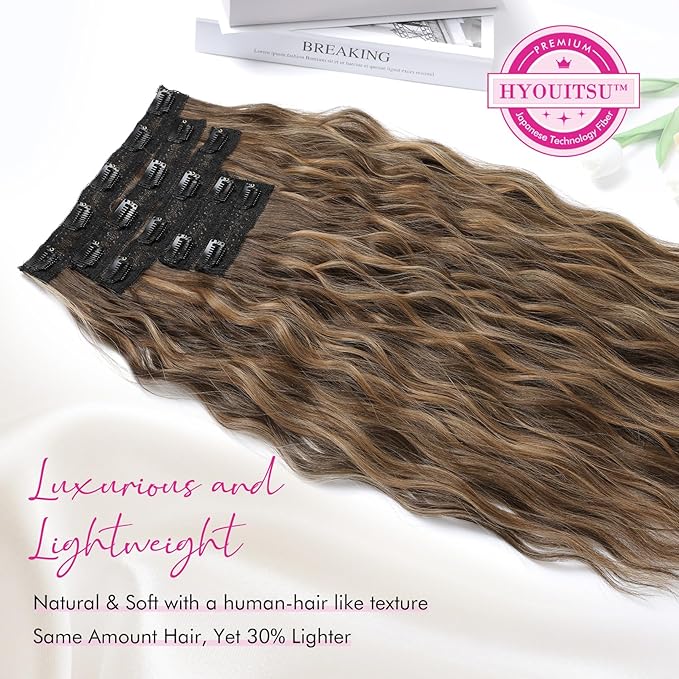 Clip in Hair Extensions, REECHO 5PCS Hair Extensions 24" Thick Long Loose Waves hair extensions HE002 Invisible Lace Weft Natural Soft Hairpieces for Women – Chocolate Brown with Blonde Highlights