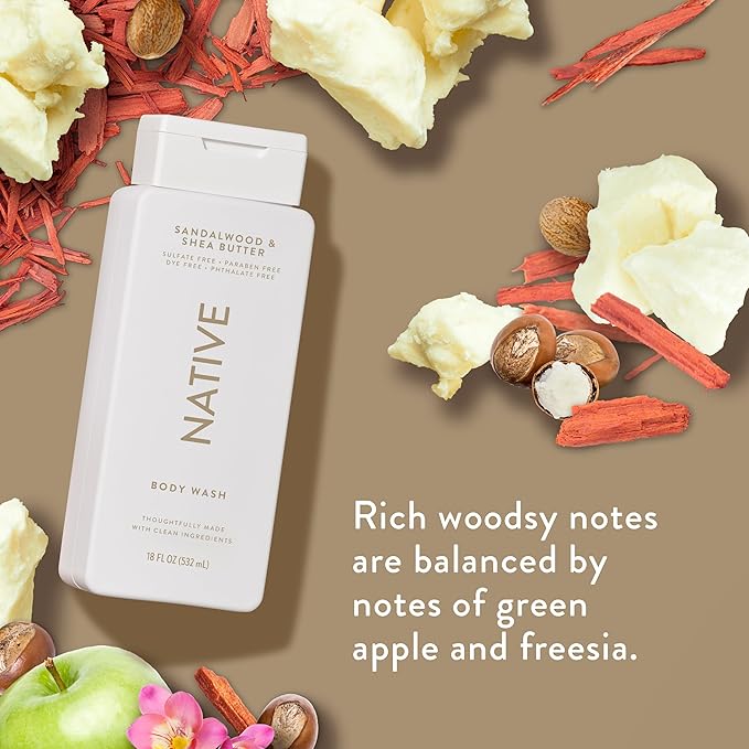 Native Body Wash Contains Naturally Derived Ingredients | For Women & Men, Sulfate, Paraben, & Dye Free Leaving Skin Soft and Hydrating | Sandalwood & Shea Butter 18 oz