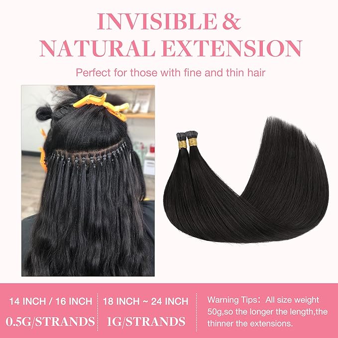GOO GOO I Tip Hair Extensions Real Human Hair, 18inch 50g 50S, Cold Fusion I Tip Hair Extensions, Invisible Remy Hair Extensions, 1B Natural black
