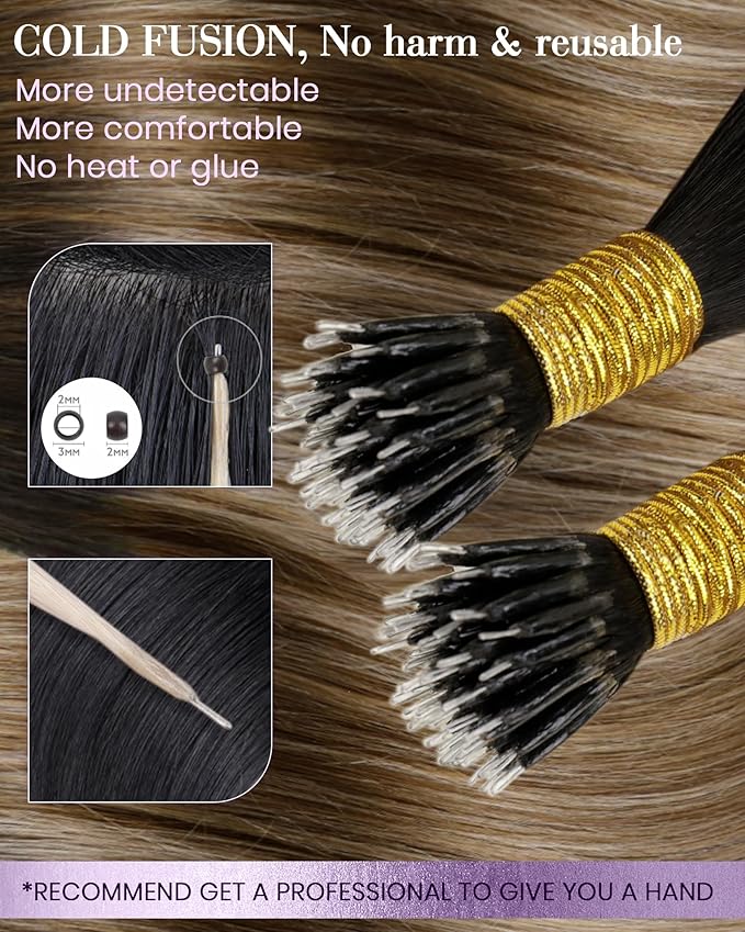 LaaVoo Nano Bead Hair Extensions Human Hair Balayage Darkest Brown Ombre Medium Brown to Ash Blonde Nano Ring Hair Extensions 24 Inch Nano Extensions Real Human Hair 50s 50g