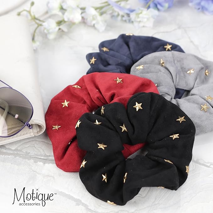 Large Suede Scrunchie with Hearts and Stars (Grey Gold Stars)