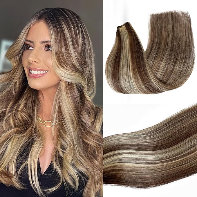 Highlight Human Hair Straight Bundles Brown and Blonde Sew in Hair Extensions Real Human Hair 100G 18 Inch Soft Weft Hair Extensions Brown with Blonde Highlights Sew in Bundles