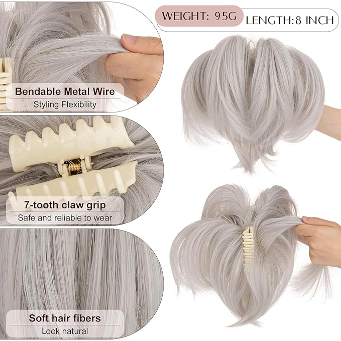 Claw Clip Short Ponytail Hair Extensions Messy Bun Hair Piece Pony Tails Hair Extensions with Bendable Metal Wire Hair Pieces DIY Style 8 Inch 88A/89A/109