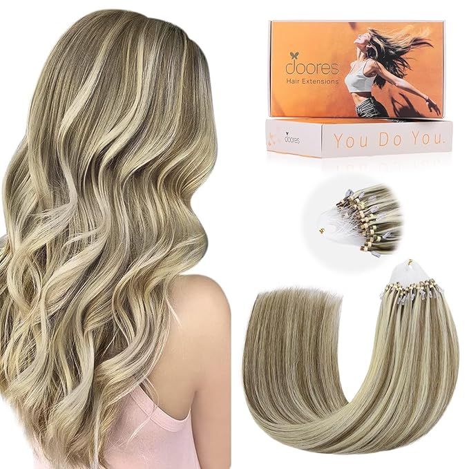DOORES Micro Ring Hair Extensions Human Hair, Ash Brown to Platinum Blonde 24 Inch 50g/50s, Long Straight Micro Link Hair Extensions Human Hair