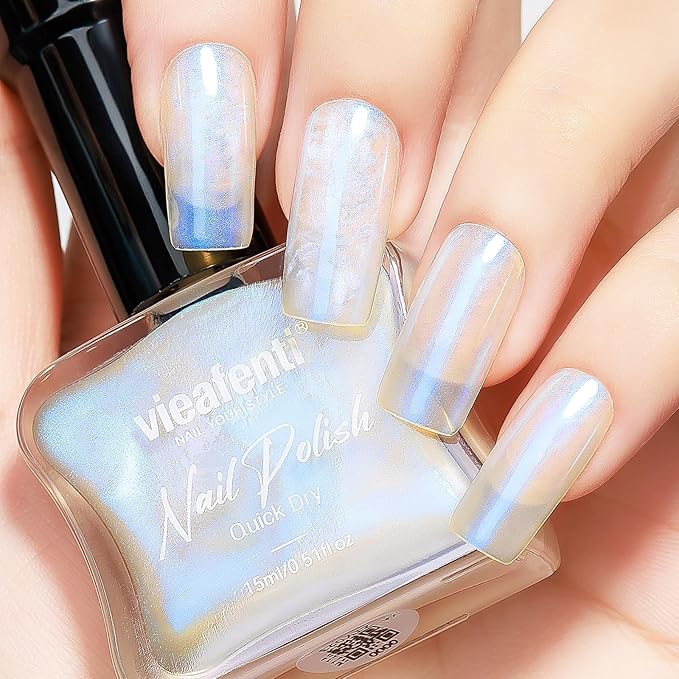 Pearl Blue Iridescent Nail Polish 15ml - Aurora Mermaid & Unicorn Glossy, Quick Dry Air Dry Long Lasting, Oil-Based Vegan Nail Art Polish - DIY at Home
