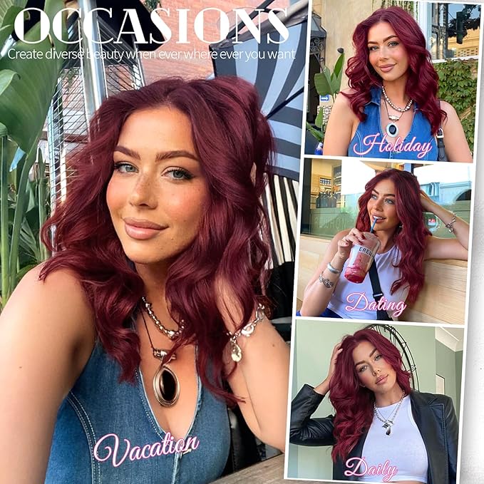 KooKaStyle Short Hair Extensions 6PCS 14 Inch Wavy Curly Hairpieces Synthetic Soft Lace Weft Clip in Hair Extensions-Burgundy for Women