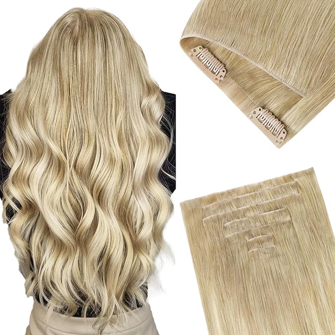GOO GOO Invisi Edge Clip in Hair Extensions, 16inch 110g 7Pcs, Injected Seamless PU Clip in Hair Extensions, Virgin Real Human Hair, #18ET90A Natural Blonde Balayage