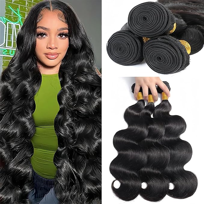 Human Hair Bundles 26 28 30 Inch Body Wave 100% Unprocessed Brazilian Virgin Hair Quick Weave 3 Bundles Real Human Hair Extensions Natural Black