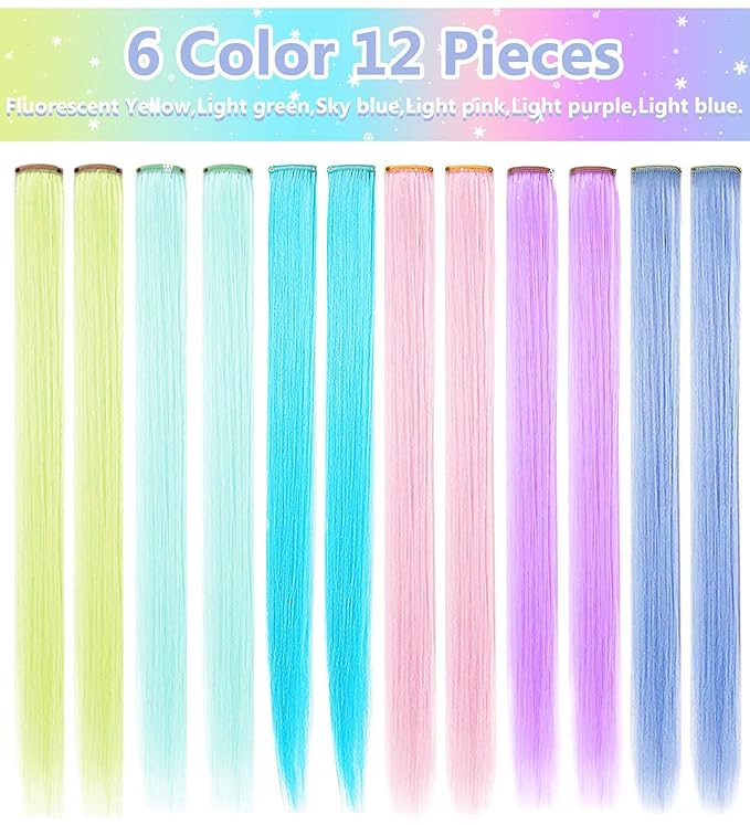 12 PCS 20 inch Light Colors Wig Pieces Colorful Party Highlights Clip in Coloured Hair Extensions Multicolors Straight Synthetic Hairpieces for Woman Girls Hair Accessories